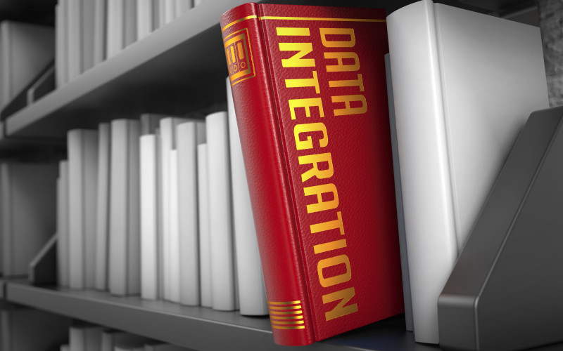 Data Integration - Red Book on the Black Bookshelf between white ones. Data Concept.